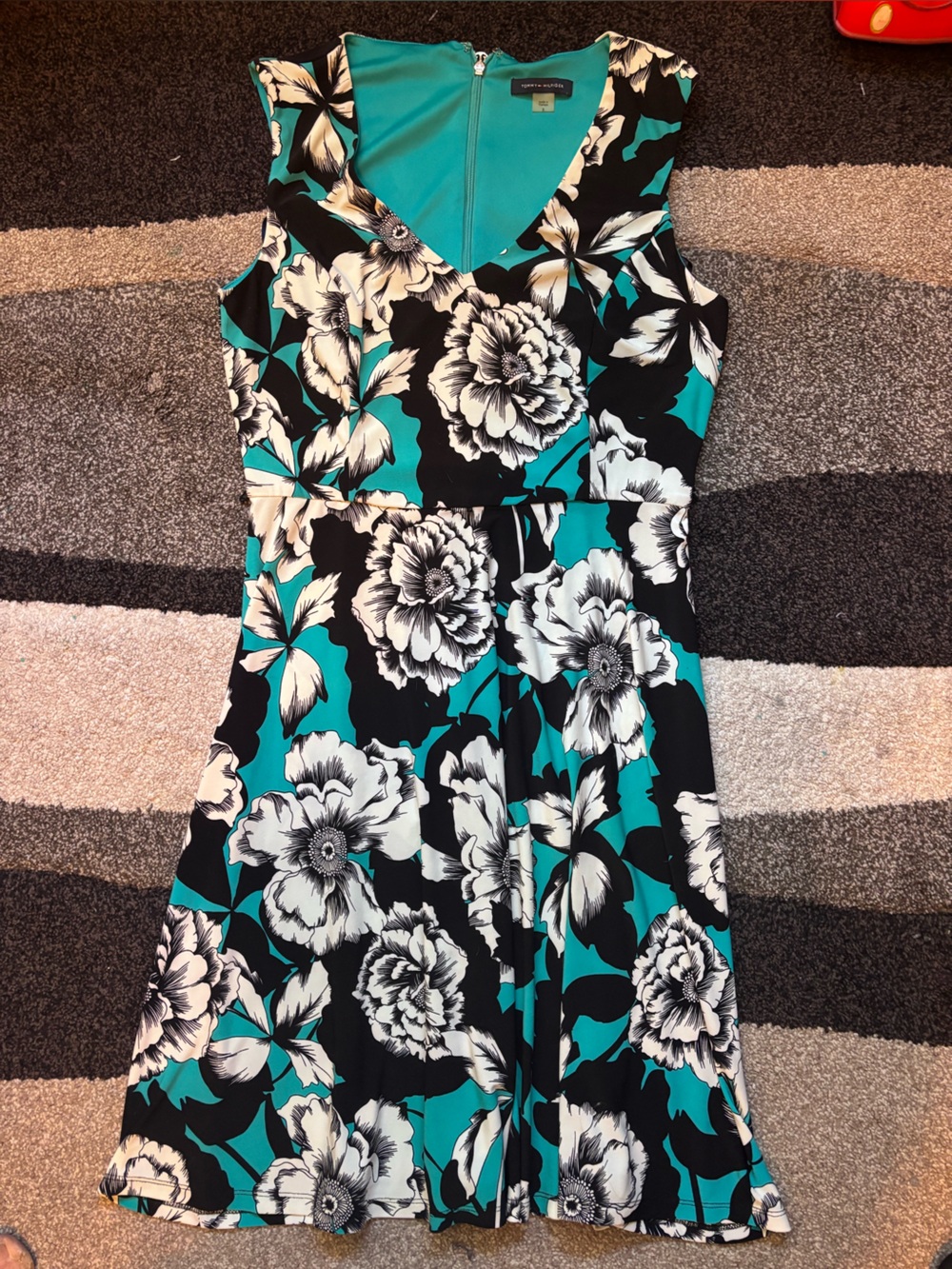 Tommy Hilfiger Teal, Black & White Floral Midi Dress